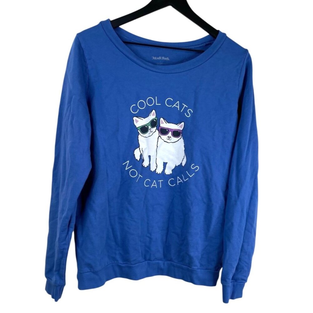 Modcloth Top Sweatshirt Women's Blue Sz L Long Sleeves Cat Graphic
